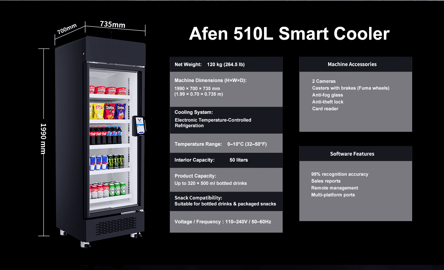 AFEN Smart Cooler AI Vending Machine 510L Dimenzije in prostornina Visokozmogljiva shranjevalna zmogljivost prodajnega avtomata AFEN AI, ki maksimizira donosnost naložbe v maloprodaji v kompaktni obliki